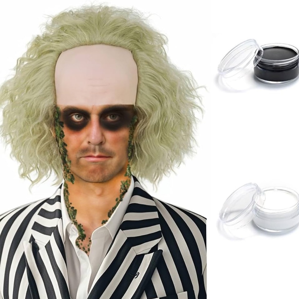 Short Mess Bald Headpiece Men Green Wig & Face Painting Cream, Clown/Halloween